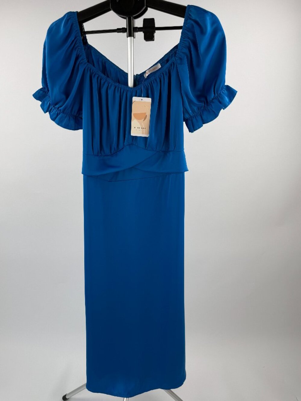 KIRUNDO Blue Puff Sleeve Maxi Dress Tie Back Square Neck XL NWT